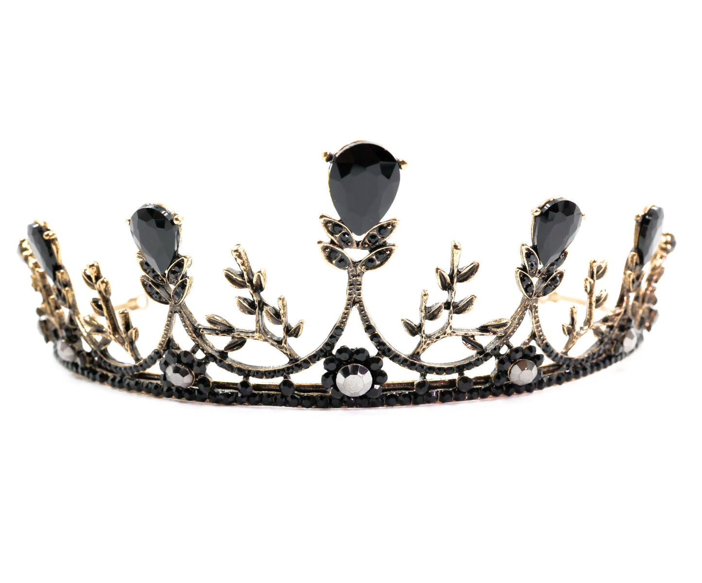 Midnight Blossom Tiara Crown in Gold with Black Gems