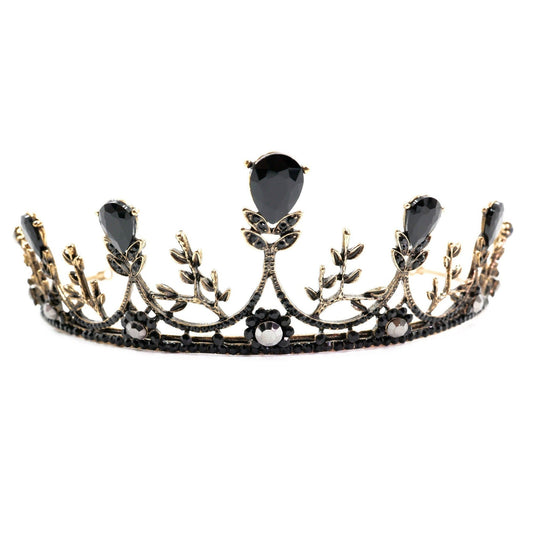 Midnight Blossom Tiara Crown in Gold with Black Gems