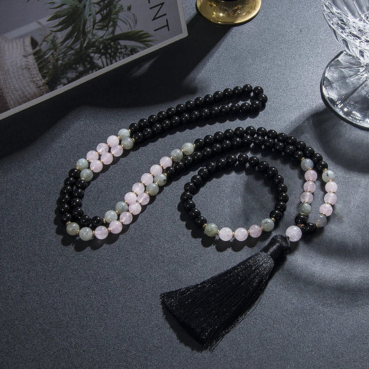 Black Onyx, Rose Quartz, & Labradorite Mala Necklace
