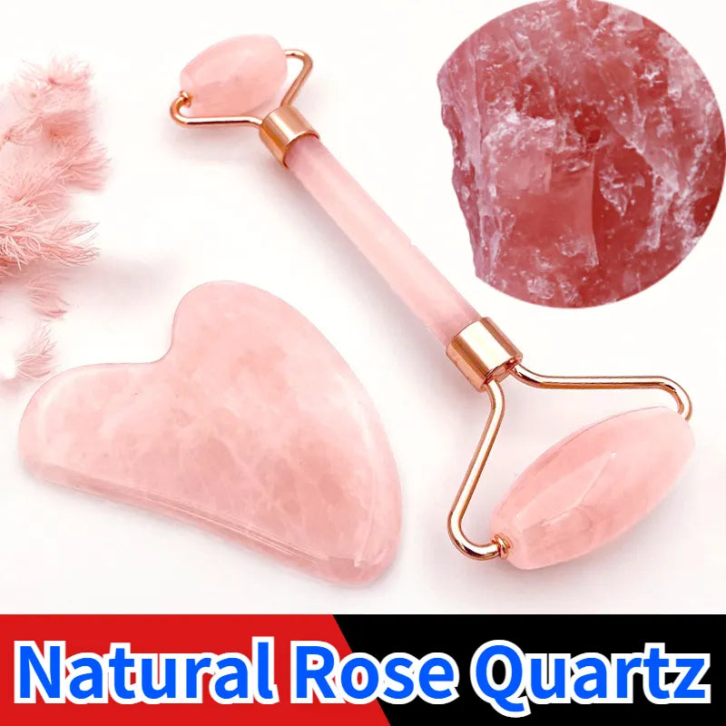 Rose Quartz Powder Crystal Jade Roller Massage Spa Pink Face Massagers