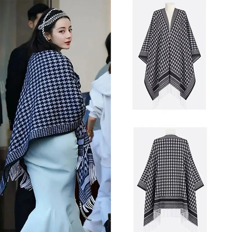 Vintage Tassel Plaid Capes & Ponchos Tourist Warm Imitation Cashmere