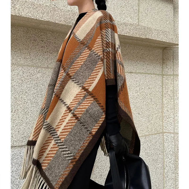 Vintage Tassel Plaid Capes & Ponchos Tourist Warm Imitation Cashmere