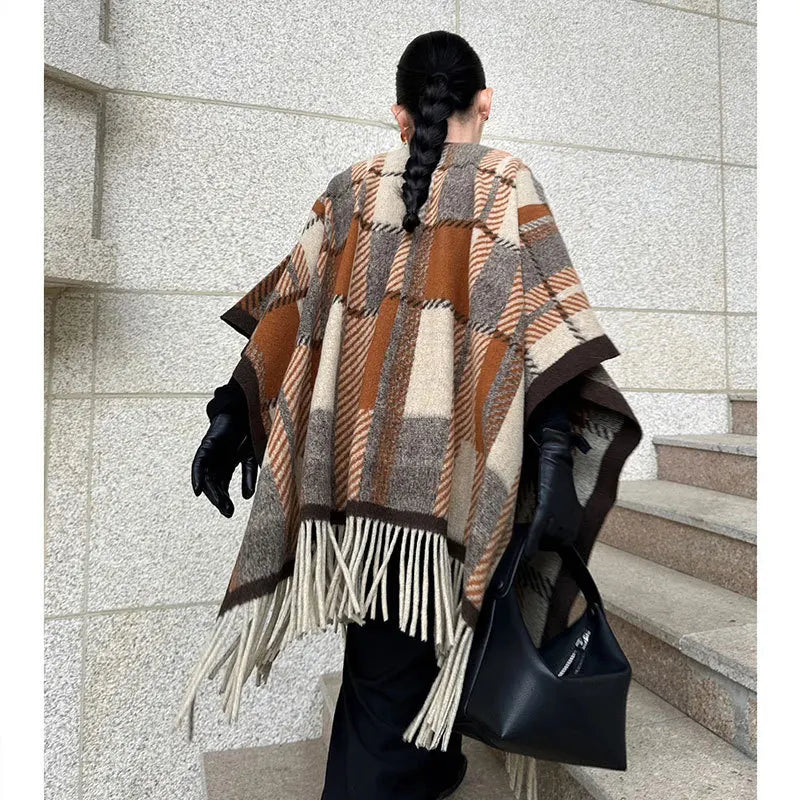 Vintage Tassel Plaid Capes & Ponchos Tourist Warm Imitation Cashmere