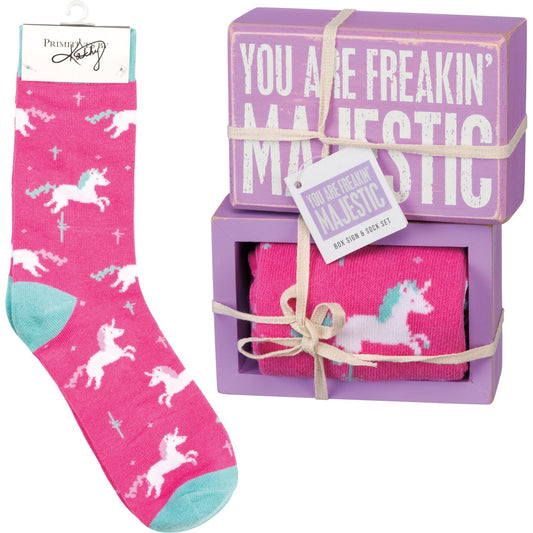 You Are Freakin' Majestic Unicorn Box Sign & Socks Gift-Set